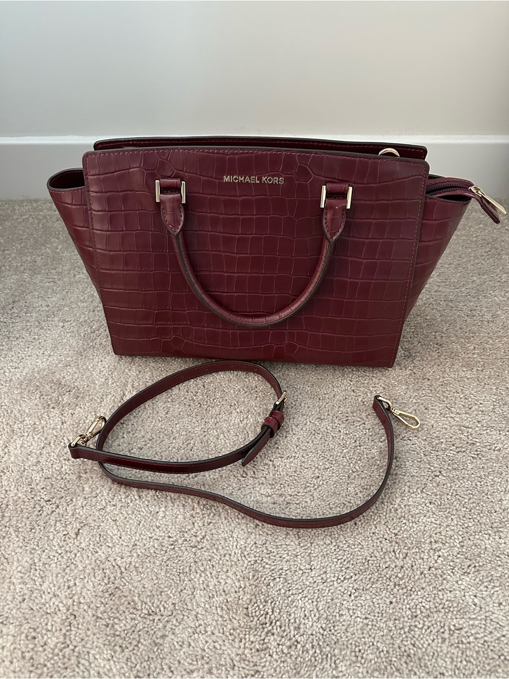 Michael Kors Croc-Embossed Burgundy Satchel with Detachable Strap